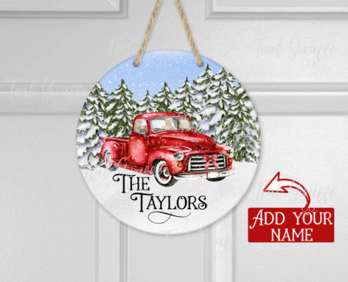 Snowy Red Truck Door Hanger