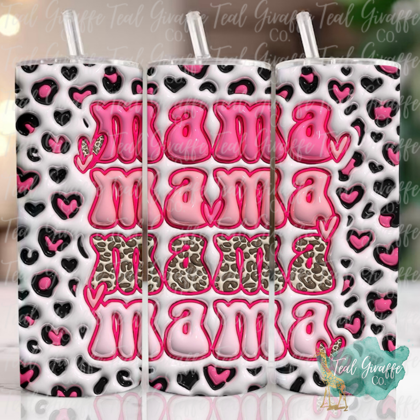 Pink Leopard Stacked Mama 3D Puff 20 oz Skinny Tumbler
