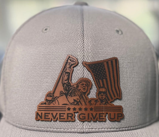 Never Give Up Trump Leatherette Patch Snapback Hat