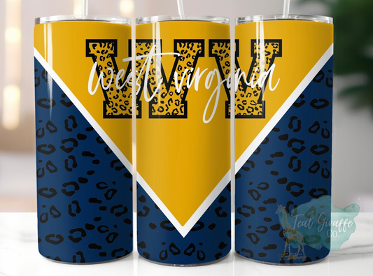 West Virginia Blue/Gold Leopard 20 oz Skinny Tumbler