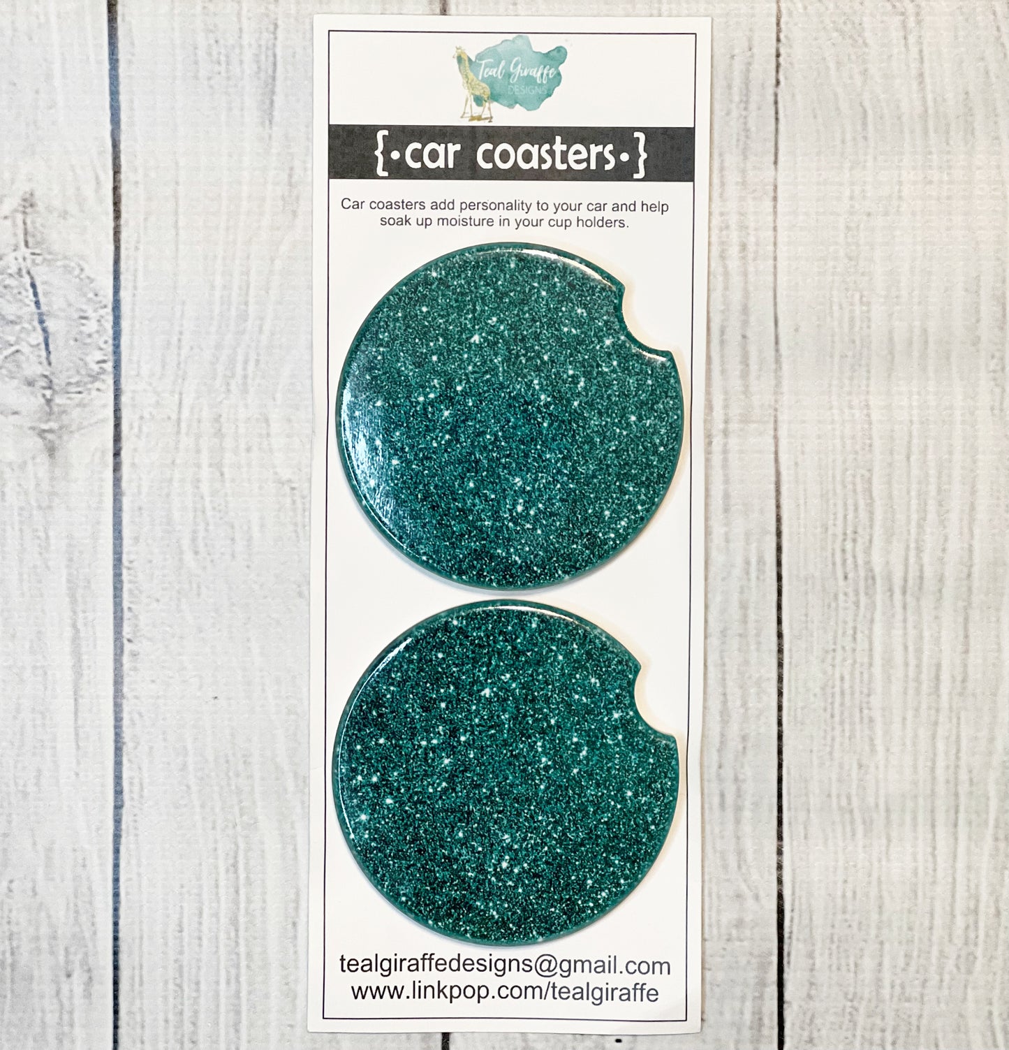 Teal Glitter Ceramic Car Coaster Set