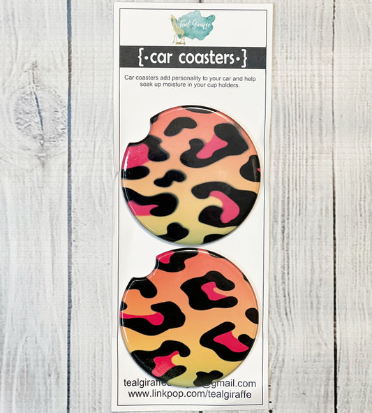 Rainbow Leopard Print Ceramic Car Coaster Set